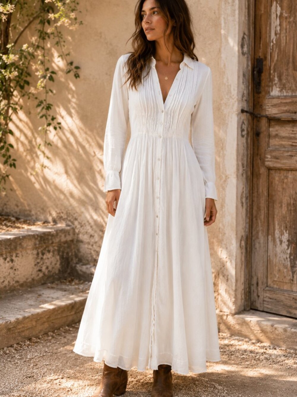 Free People Maxi Dress Womens XS White Pintuck Button Front Long Sleeve Prairie